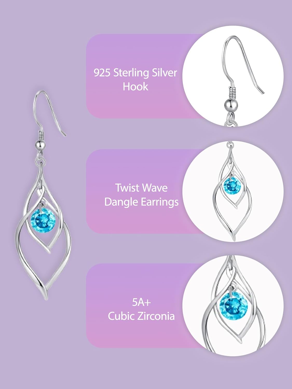 Birthstone Dangle Drop Earrings for Women - 925 Sterling Silver Birthstones Double Twist Leaf Linear Swirl Earrings Infinity Piercing CZ Fish Hook Earring, Classic Birthday Jewelry