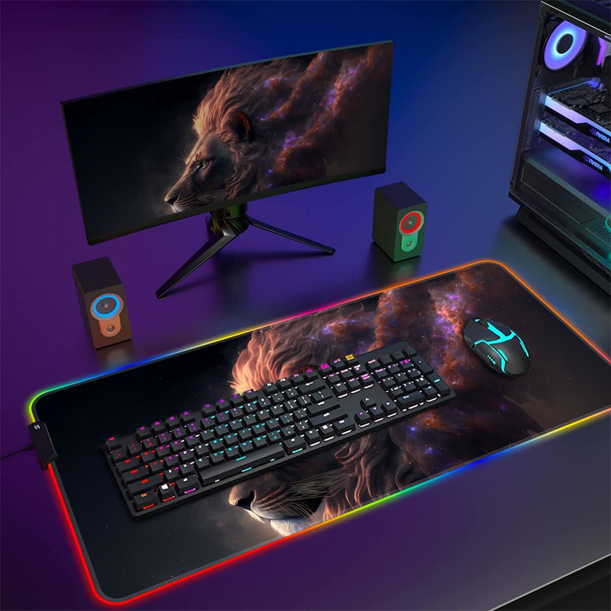 Tappetino per mouse RGB da gioco, 14 modalità, LED luminosi, extra large, tappetino per mouse espanso, base in gomma antiscivolo e superficie impermeabile, tappetino per mouse extra tastiera, leone