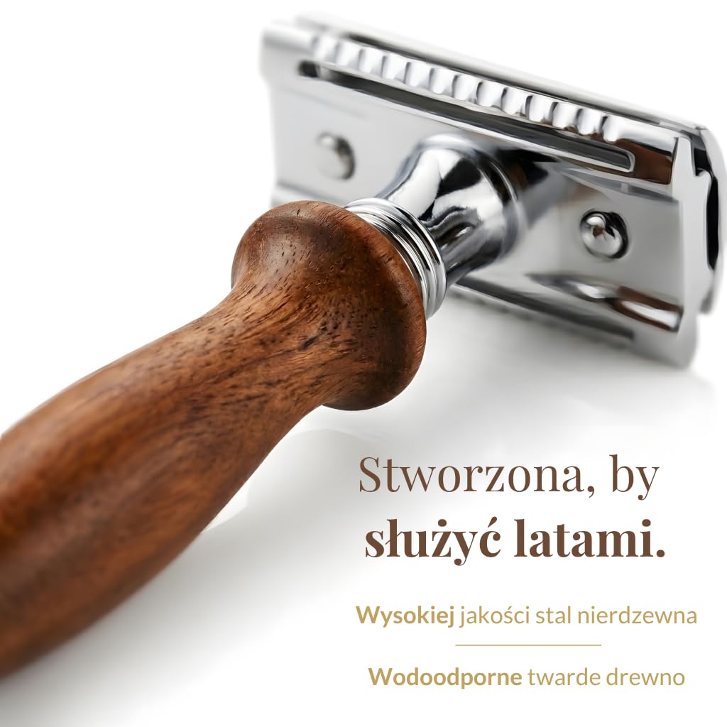 Maszynka do golenia z podwójnym ostrzem The Cambridge Cutthroat®, profesjonalna, tradycyjna, z drewna Missanda, premium, do golenia, modelowania wąsów i brody, w zestawie etui podróżne