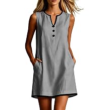 Women's Summer Color Block Sleeveless Mini Dress Henley V Neck Beach Sundress Shift Vacation Dresses with Pockets