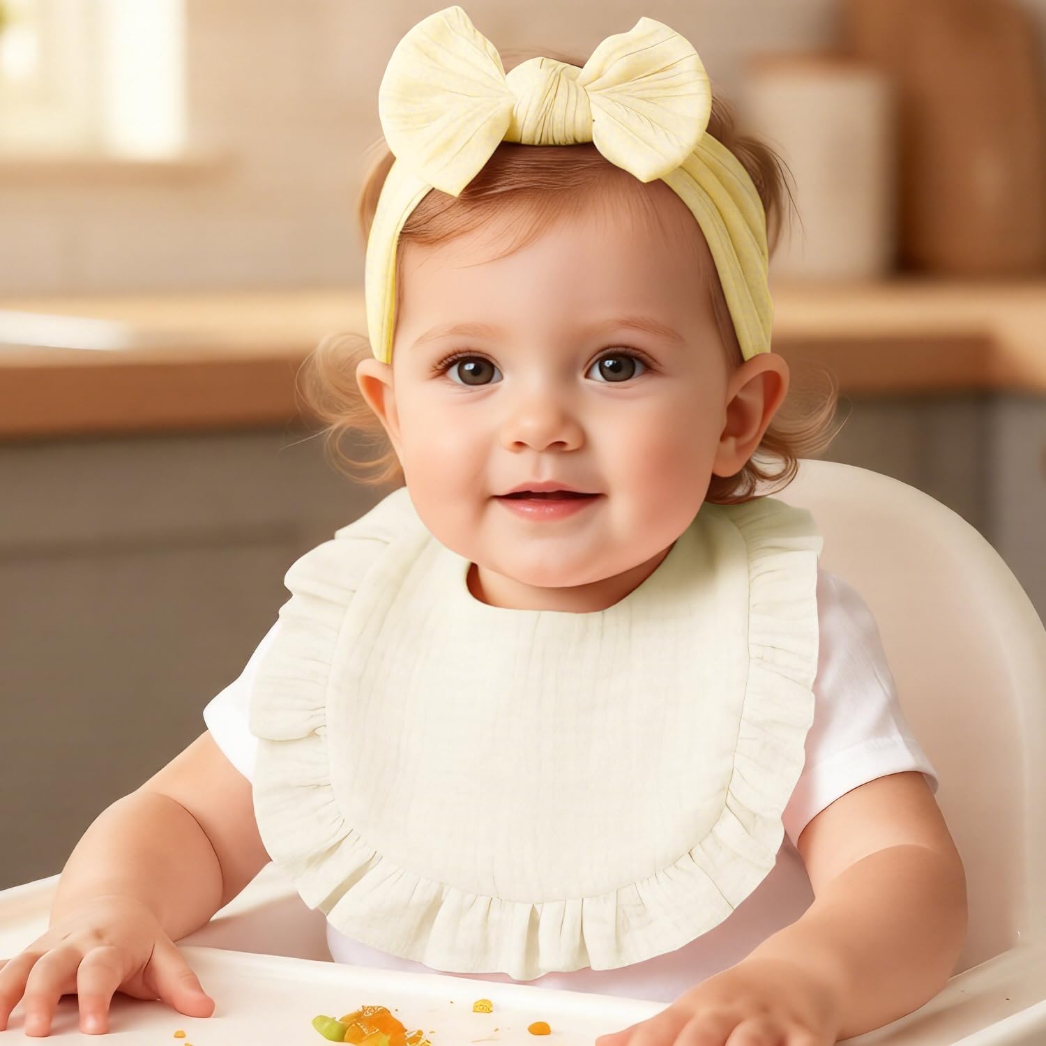 Baby Headband and Dribble Bib Set, Soft Cotton Hairband And Drool Bib for Newborns and Toddlers(Beige + Pale yellow) - Image 2