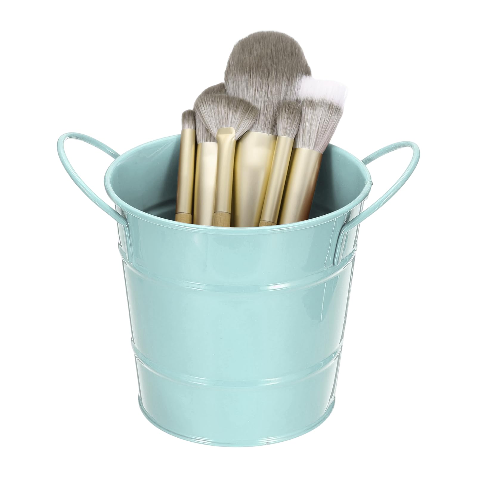 sourcing map Makeup Brush Holder Organizer with Handle, 3.5x4.4 inch Metal Pen Holder Small Desktop Organizer for Home Desktop Make Up Brushes Stationery Storage, Light Blue