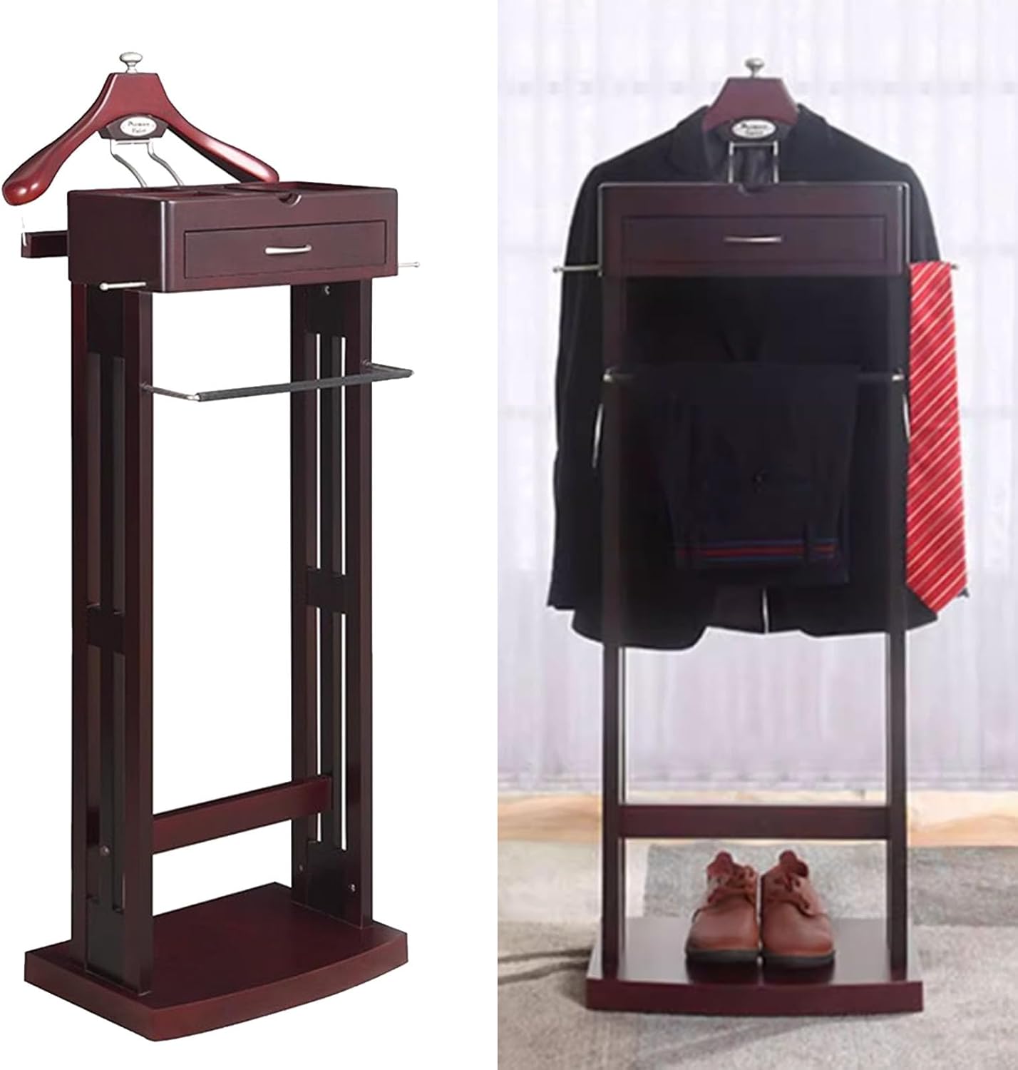 Wooden Freestanding Clothes Stand for Men with Sturdy Base Suit Valet Rack Top Tray Storage Tie Hanger Organizer for Office Bedroom