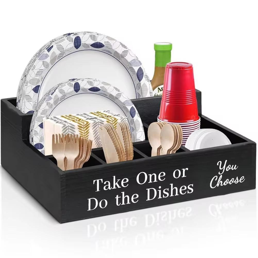 CTRLZS Farmhouse Rustic Wooden Plate Cup Napkin Dispenser Box Paper Plate Organizer Portable Picnic for Cups Forks Spoon Plates