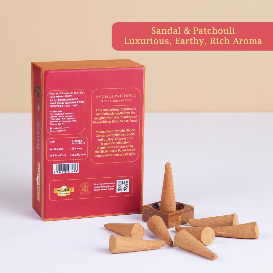 Mangaldeep Temple Premium Bambooless Dhoop Cones - Sandal & Patchouli - Ceramic Stand Inside - Charcoal Free (40 Cones) - Image 5 thumbnail