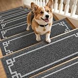 BEQHAUSE Non Slip Stair Treads for Wooden Steps Indoor Washable Stair Runner 28inX9in Polyester Durable Stair Treads Carpet for Dogs,Kids and Elders 15pcs,Dark Grey