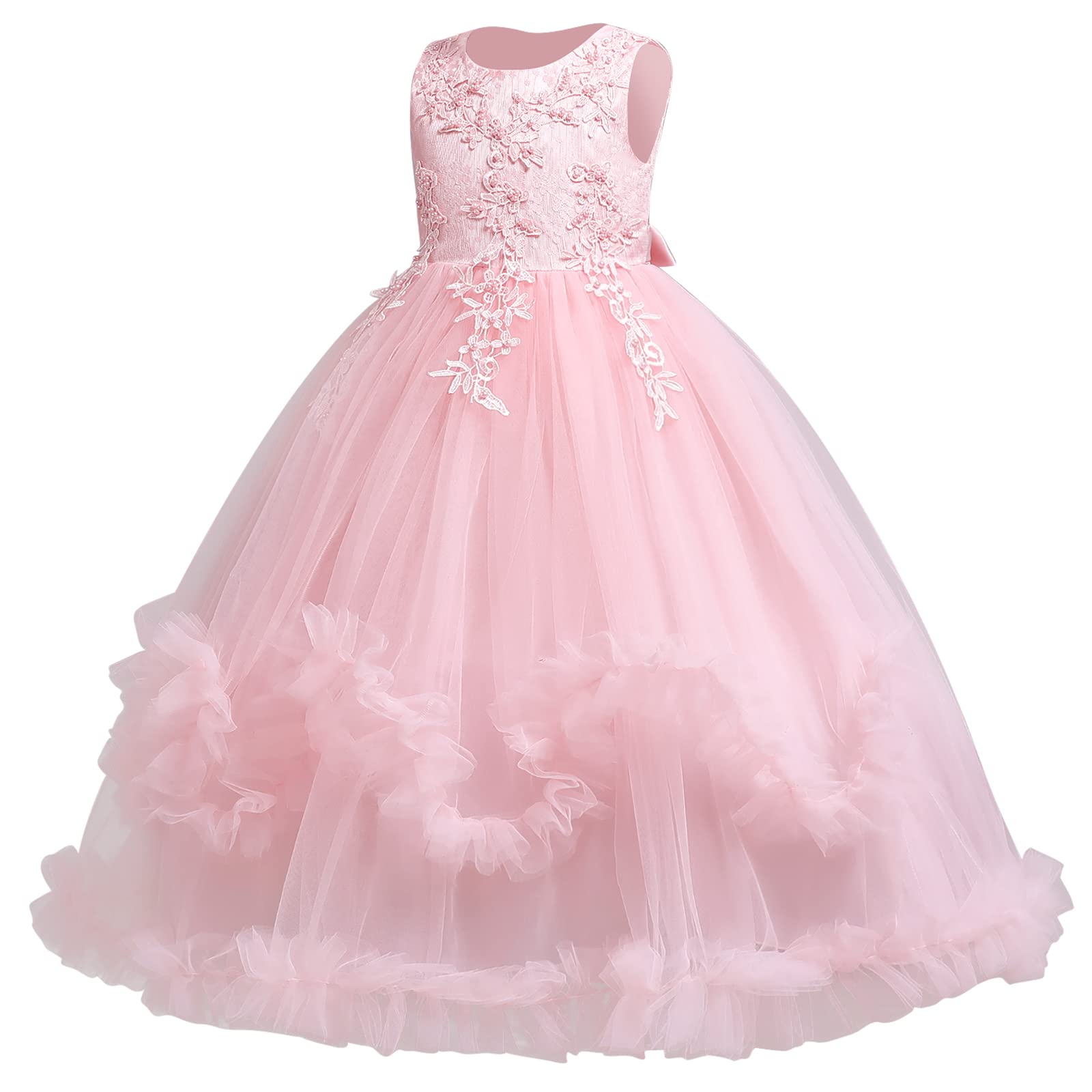 IMEKIS Abito da bambina con fiori, da principessa, in pizzo, in tulle, con paillette, con fiocco, per feste, matrimoni, compleanni, lunghi