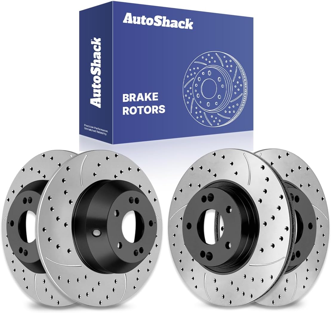 AutoShack Front Vented & Rear Solid Drilled & Slotted E-Coated Brake Rotors 4-PC Set Replacement for 2011-2013 Kia Sorento 2010-2012 Hyundai Santa Fe ShadowGuard