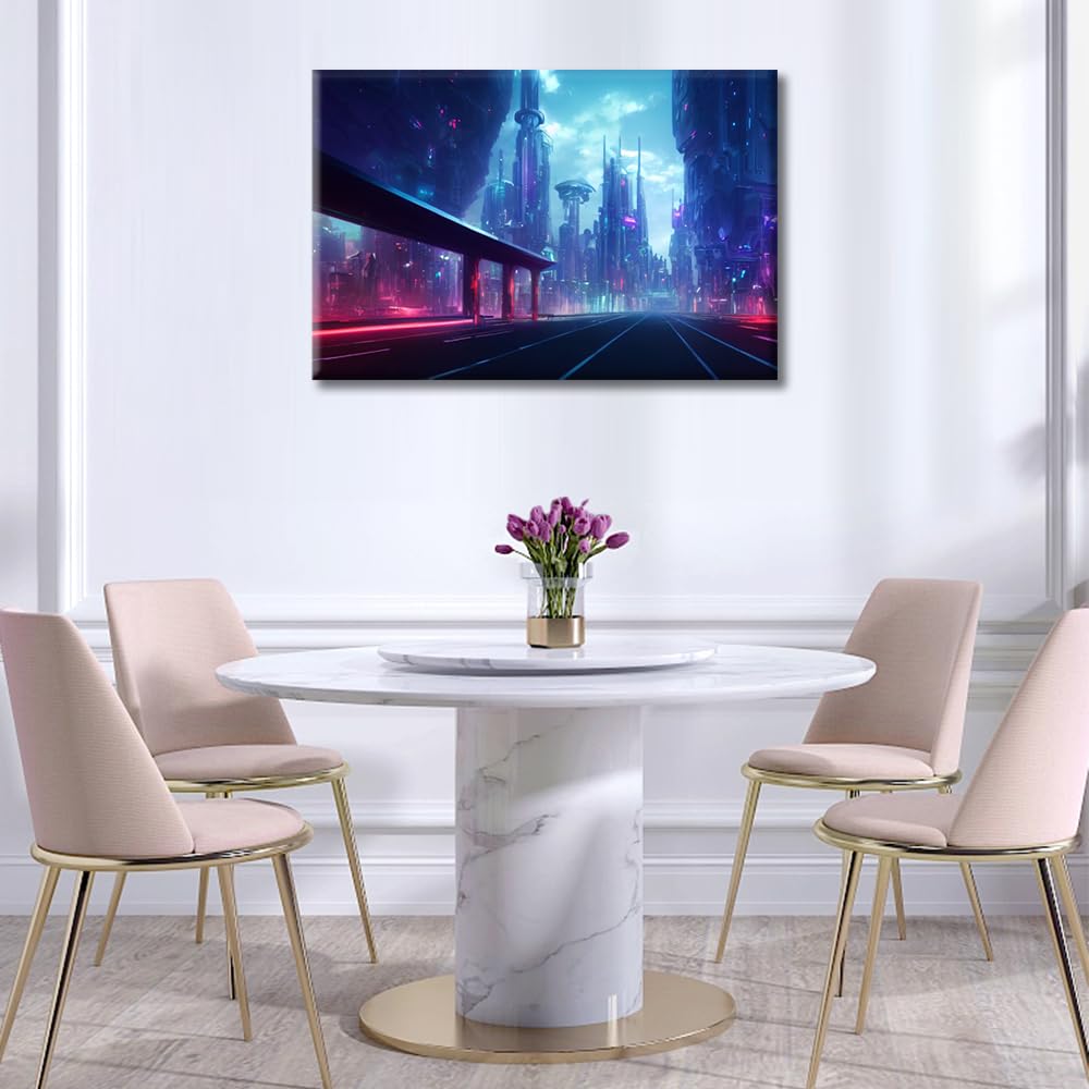 TISHIRON Cyberpunk Style Artwork Wall Art Cyberpunk Neon City Night Pictures Canvas Art Prints 1-panels Futuristic Cyberpunk City Wall Artwork Modern Home Decor Framed Ready to Hang - Image 3