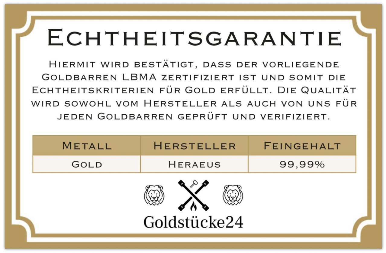Goldbarren 1g - 1 Gramm Gold - Heraeus - Feingold 999.9 - Prägefrisch - LBMA zertifiziert | Prägefrisch, LBMA zertifiziert