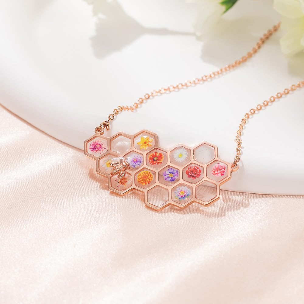 Custom Bee Necklace For Women Sterling Silver 925/Brass Personalized 1-16 Birth Flower Necklace Honeycomb Jewelry Unique Birthday Gifts For Mother Grandma Her - Image 5