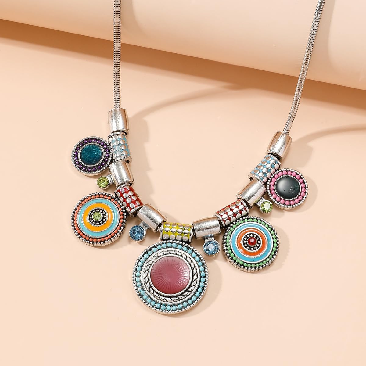 Bethynas Boho Ethnic Round Charm Pendant Choker Necklace Retro Silver-Toned Hippie Chunky Neck Chain Tribal Pattern Statement Accessories for Women - Image 3
