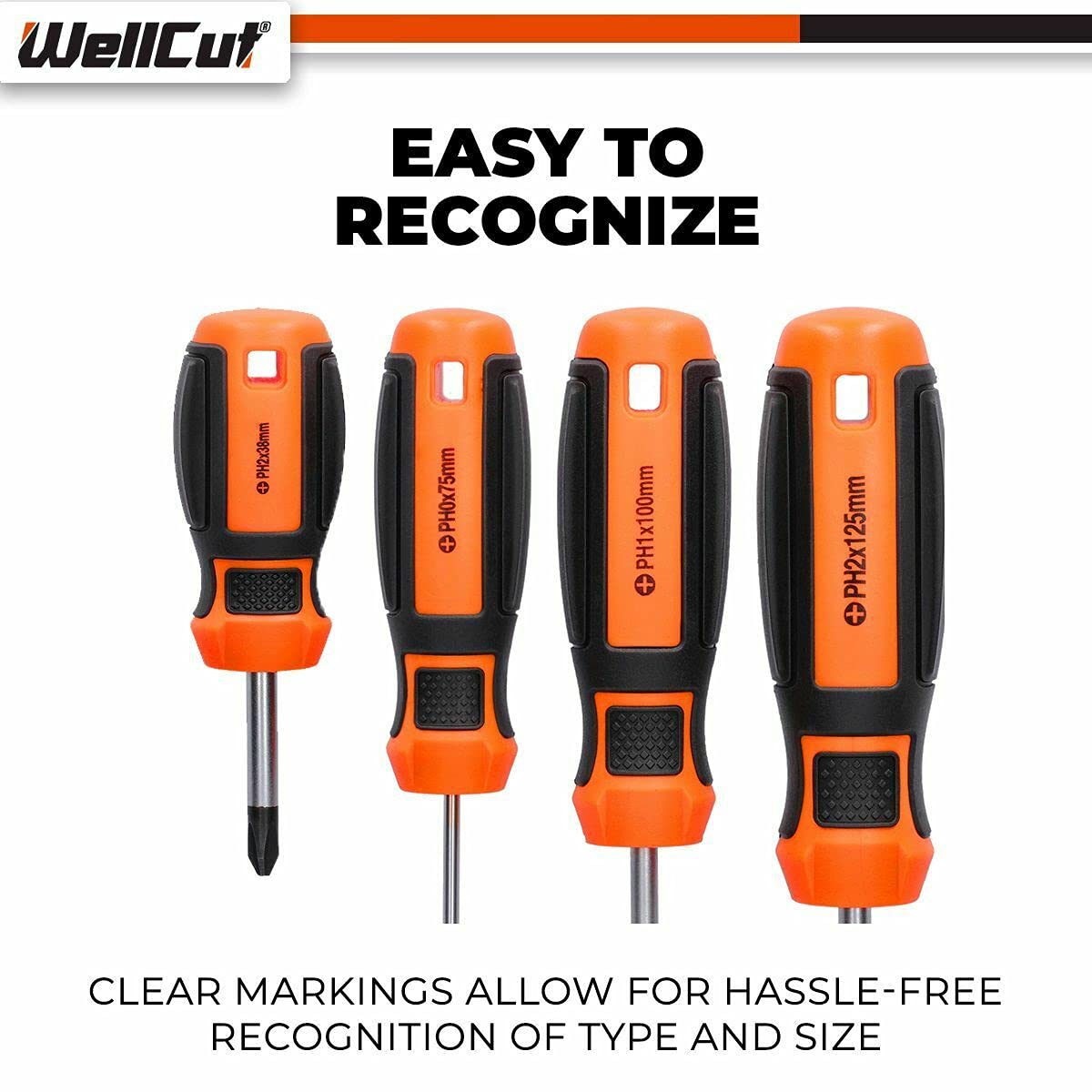 WELLCUT WC-SD8 Juego de destornilladores magnéticos resistentes con mango de agarre suave Phillips ranurado de 8 piezas