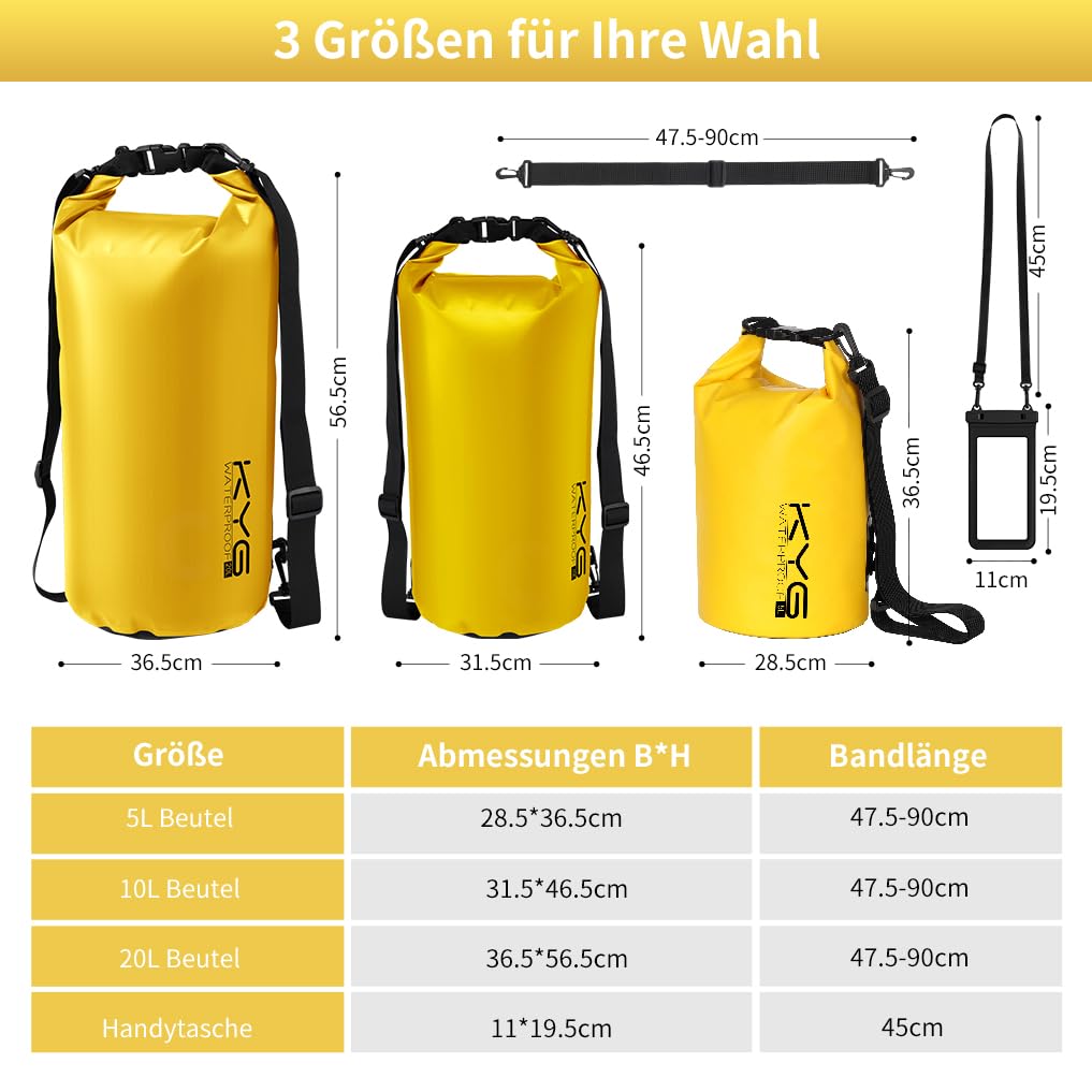 KYG Dry Bag Borsa Impermeabile, 5L/10L/20L, con Custodia Impermeabile per Cellulare, Borsa Asciutta per Spiaggia e Sport All'aperto, Escursionismo, SCI, Pesca, Arrampicata, Campeggio, Surf, Rafting