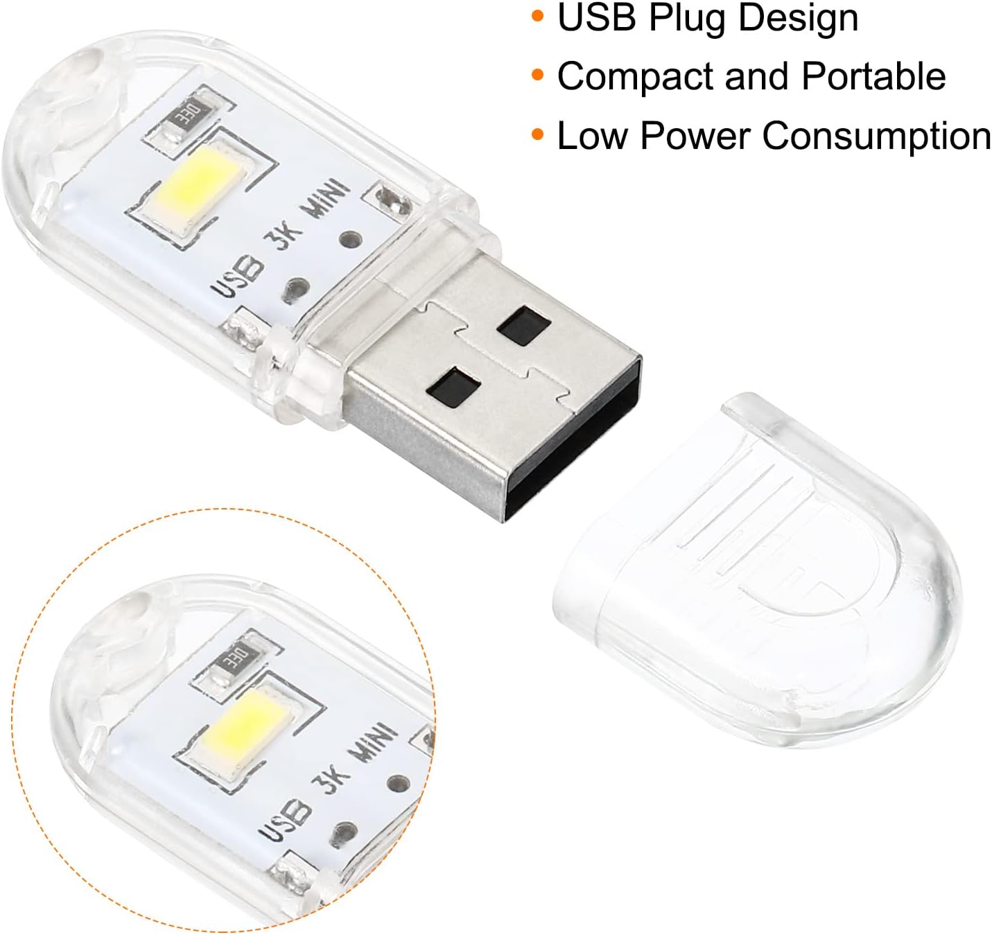 PATIKIL USB Night Light, 6 Pack Portable Plug-in Mini LED Lamp Stick 2 Beads for Home Decor Reading Sleeping Camping, White