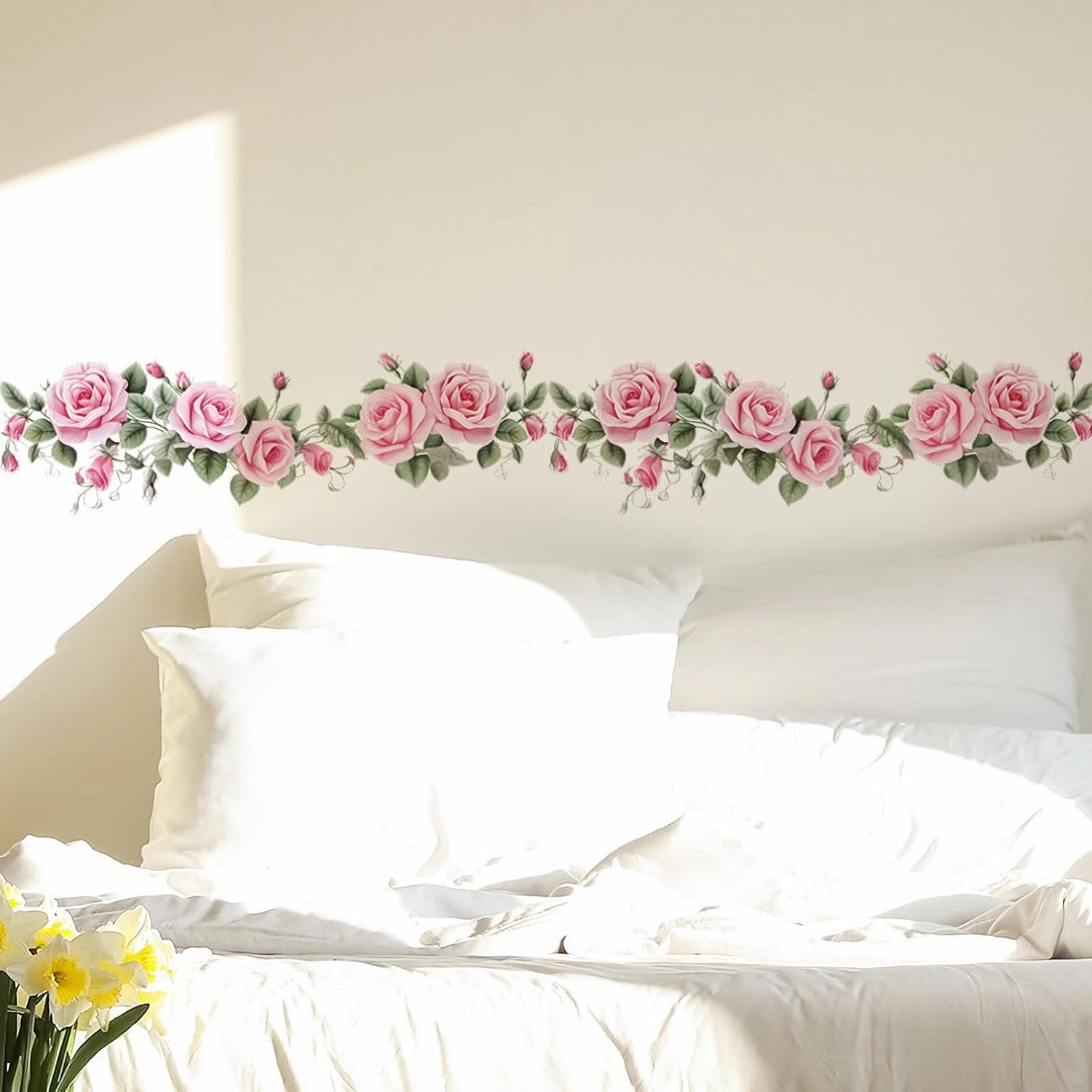Pink Siren Rose Flower Vine Wall Stickers, sacinora Floral Art Botanical Wall Decals Removable Vinyl Peel and Stick for Furniture Door Living Room Bedroom Nursery Decorations - Image 5