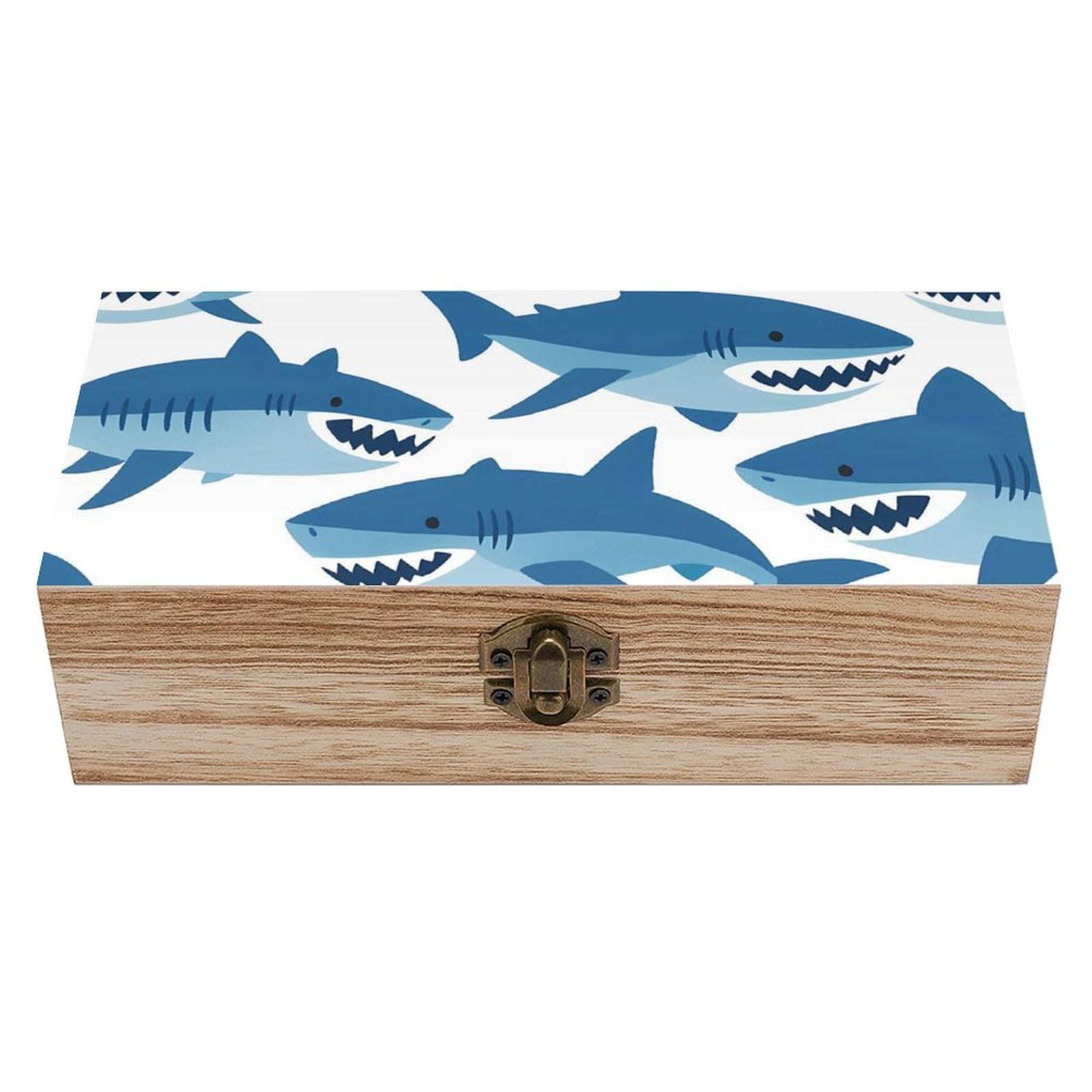 HLBSDM Cute Cartoon Sharks Retro Wooden Storage Box Jewelry Art Gift Boxs Decorative Keepsake Boxes