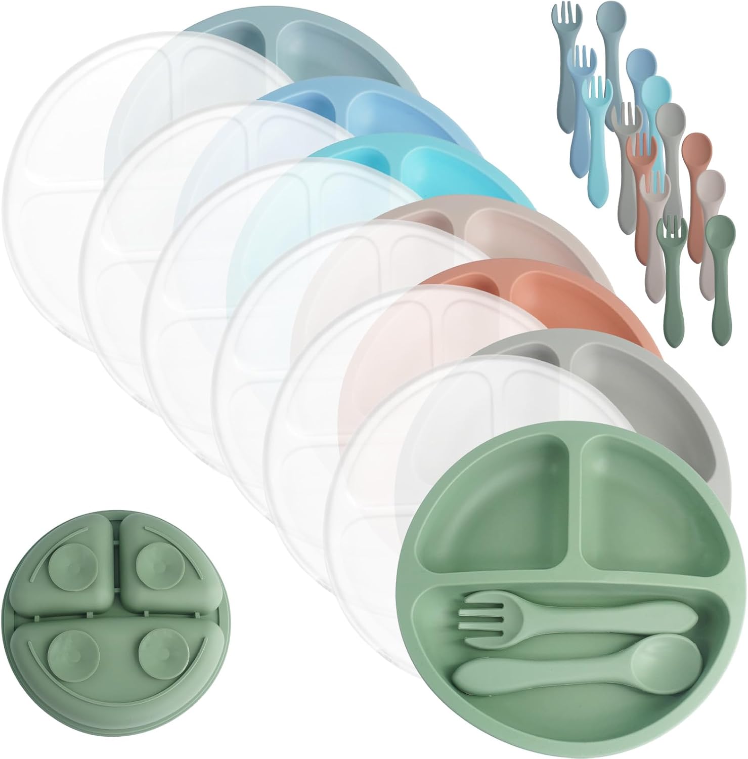 7 Pack Suction Plates Divided Design Silicone Baby Plates Set with Lids Dishwasher and Microwave for Toddlers, Assorted Colors(Elegant Colors)