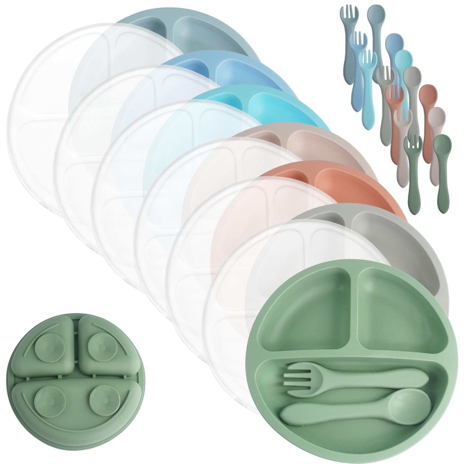 7 Pack Suction Plates Divided Design Silicone Baby Plates Set with Lids Dishwasher and Microwave for Toddlers, Assorted Colors(Elegant Colors)