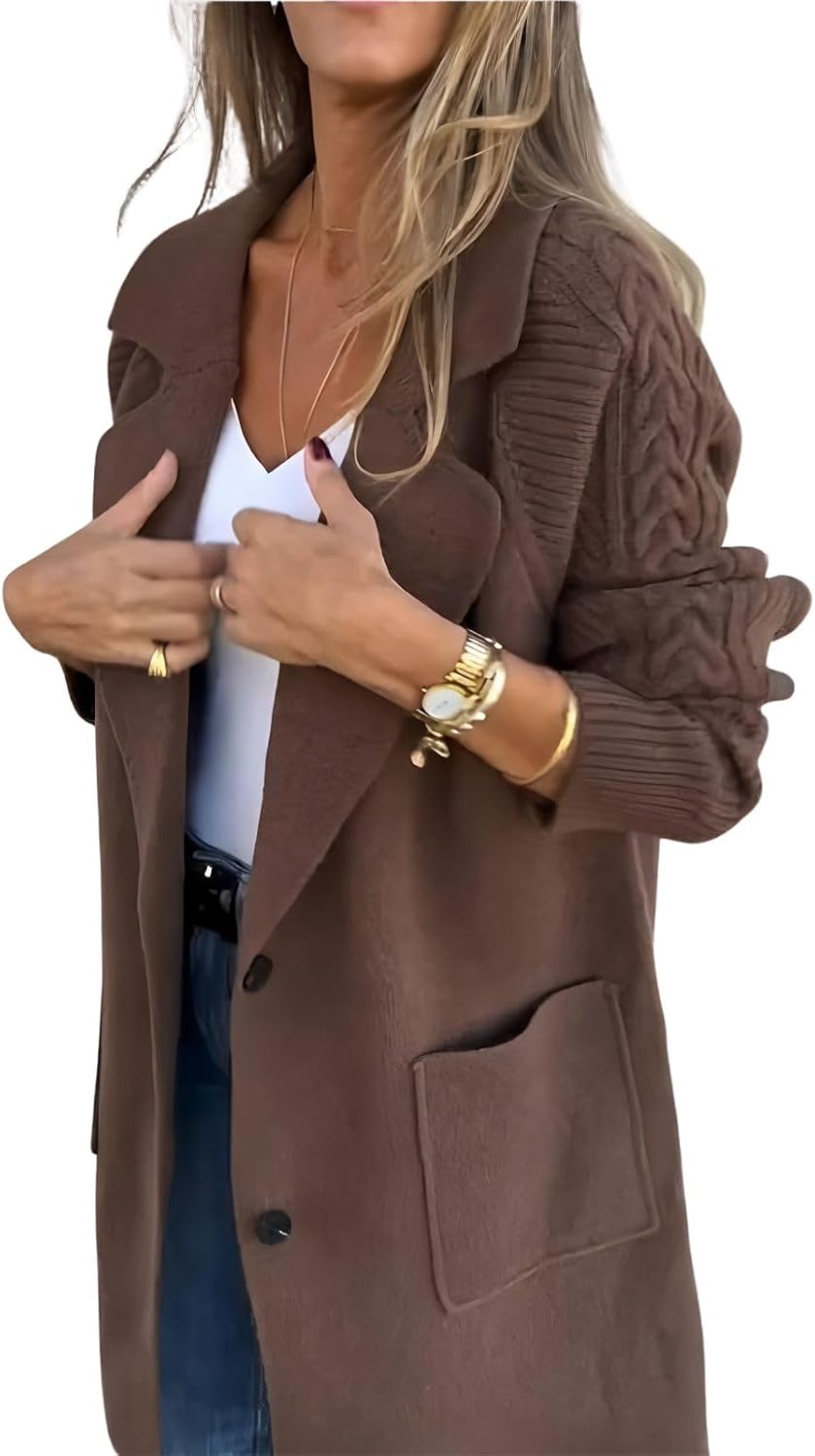 chouyatou Women's Vintage Cable Knit Sleeve Wool Coat Single Breasted Wool Blend Mid Long Pea Coat Overcoat