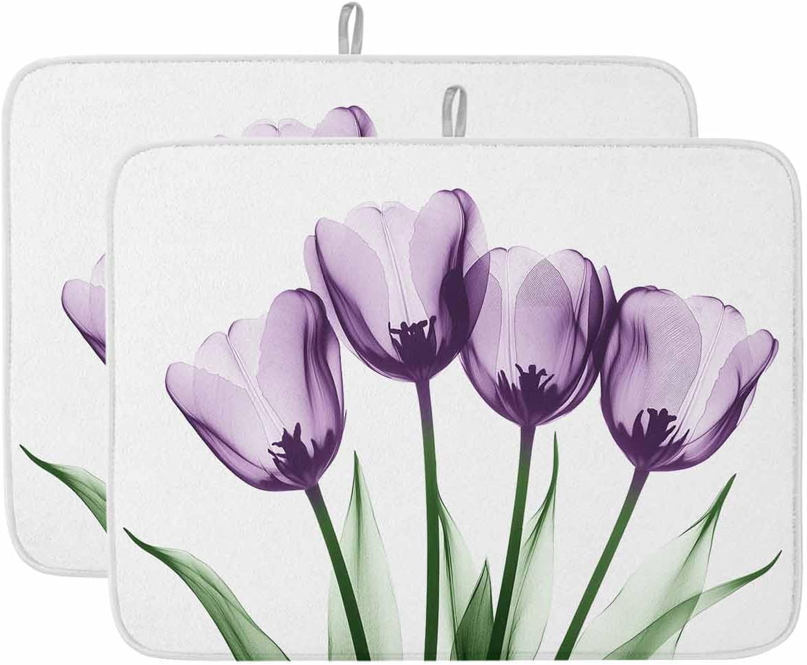 Dish Drying Mat for Kitchen, Vintage Purple Tulip Transparent Watercolor Texture Absorbent Dish Drying Pad, Kitchen Counter Mat for Dishes Utensils Camping, 18"x24"(2 Pcs)