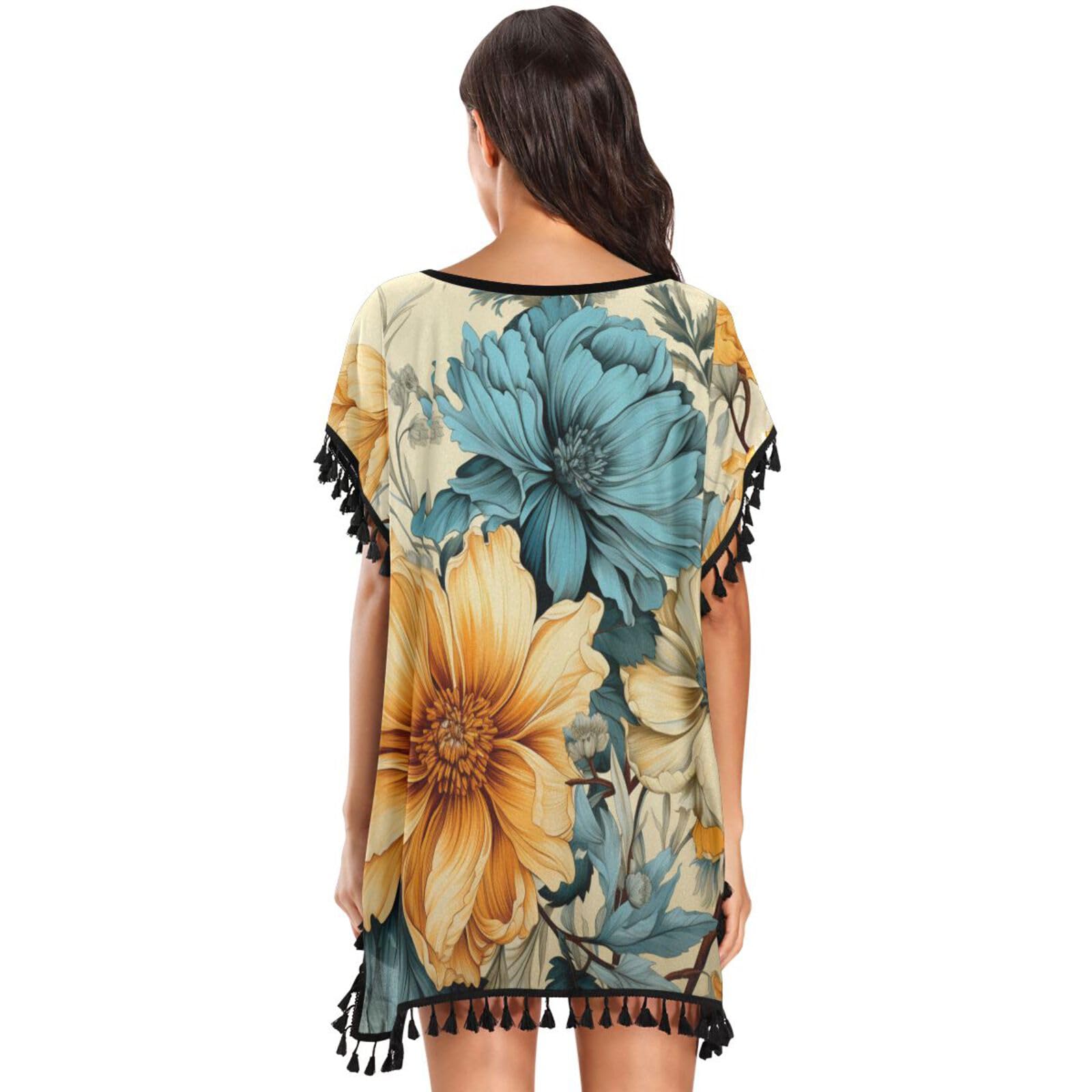 Elegance Floral Art Women's Beach Cover Up Chiffon Tassel Swimwear Swimsuit Coverups for Girl