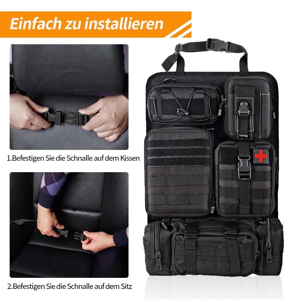 Taktischer Rückenlehnen-Organizer für Autositz – Upgrade des Fahrzeug-Panel-Organizers mit 5 abnehmbaren Molle-Taschen, universell passend für die meisten Fahrzeuge