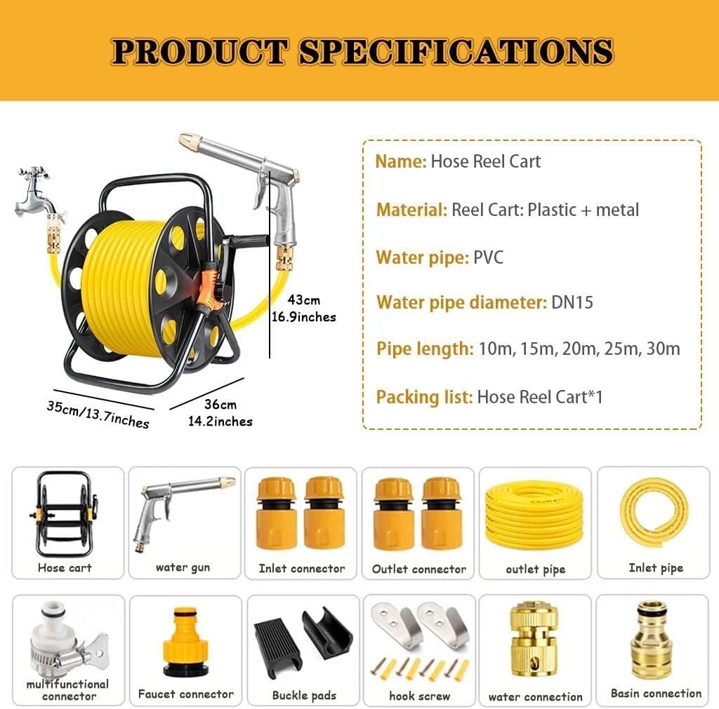 Portable Hose Reel Cart with 30m PVC Water Pipe, Wall-Mounted & Floor Use Water Hose Organizer, Leak-Proof Metal Spray Gun, Garden Tool (Black)(Hose Cart+25m Pipe)