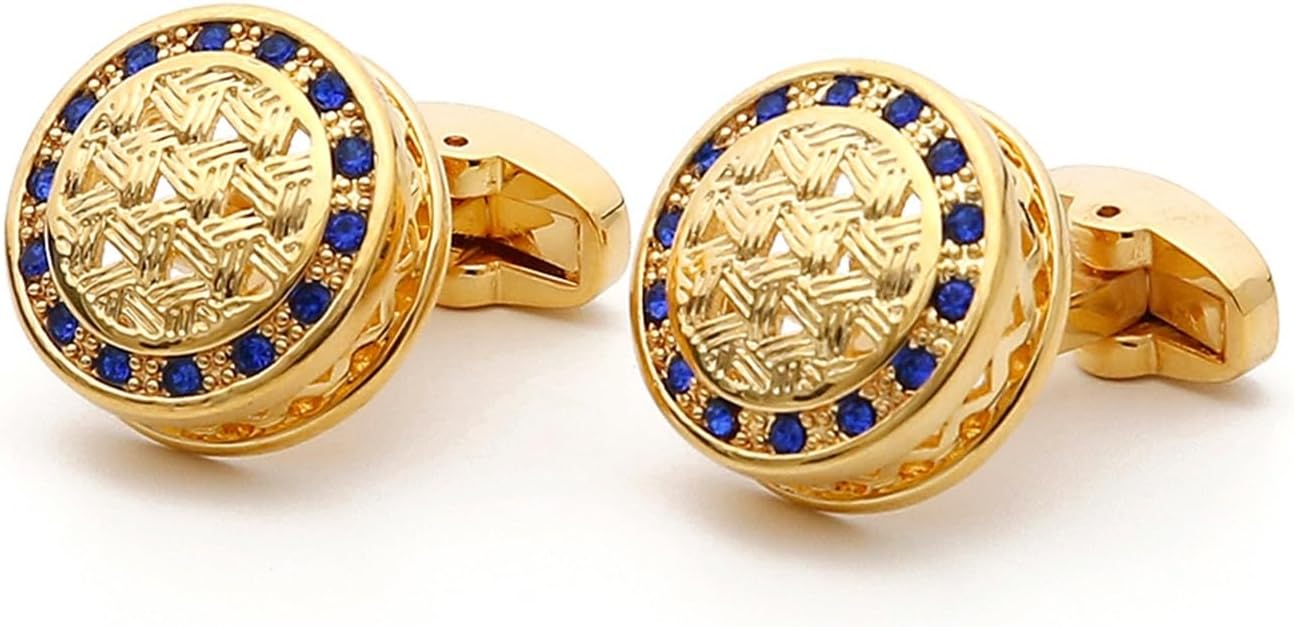 Men's Cufflinks Cufflinks for Men Blue Crystal Gold Round Tuxe