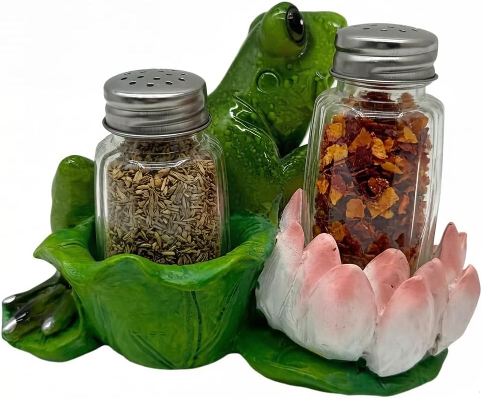 Frog Salt and Pepper Shaker Holder Set, Green Resin, Glass Shakers with Metal Lids, Lotus Flower Accent, Kitchen Decor