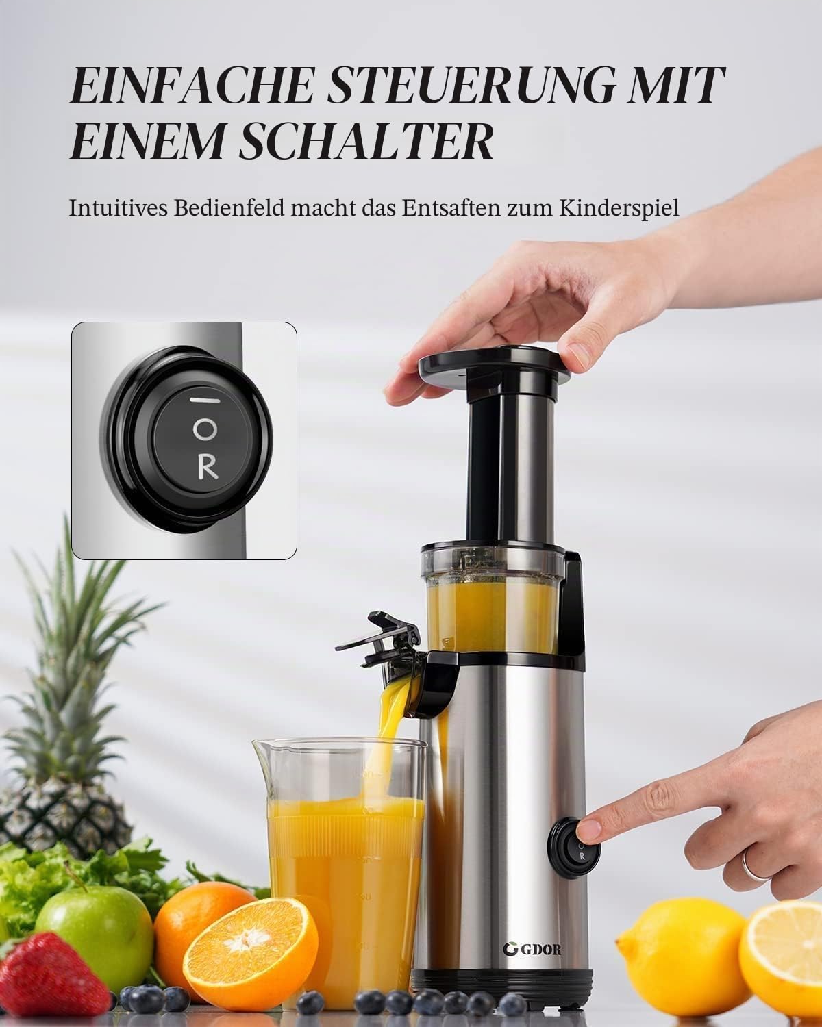 GDOR Hohe Saftausbeute Entsafter Klein Slow Juicer Leistungsstark Entsafter Gemüse und Obst Leicht zu Reinigen Juicer Machine Geräuscharm Kaltentsafter 600ml, Bürste Inklusive, BPA-frei