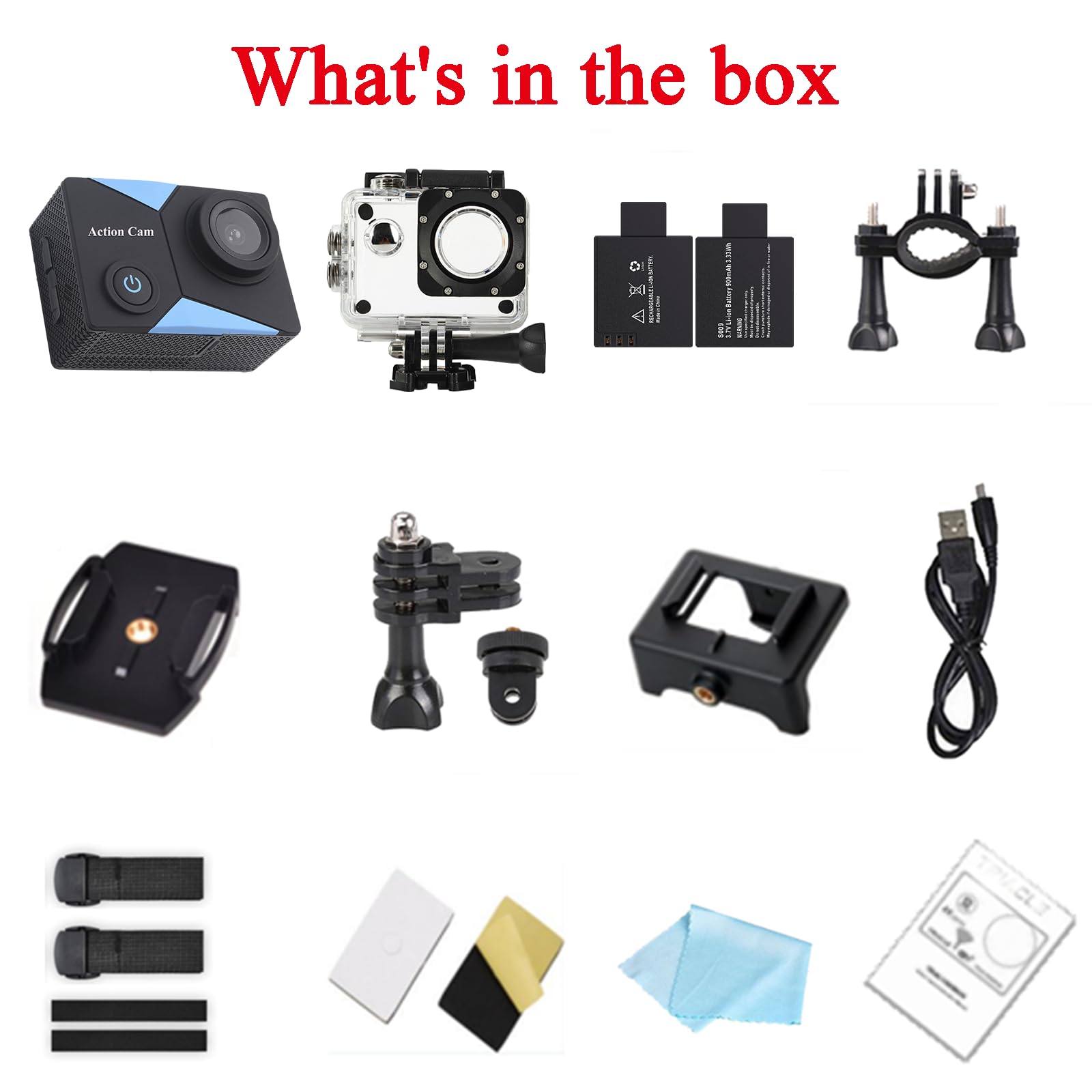 Action Cam1080P mit 16GB Speicherkarte, Unterwasserkamera wasserdicht bis 30M, Actionkamera mit 2×900 mAh wiederaufladbare Akkus und Zubehör-Set