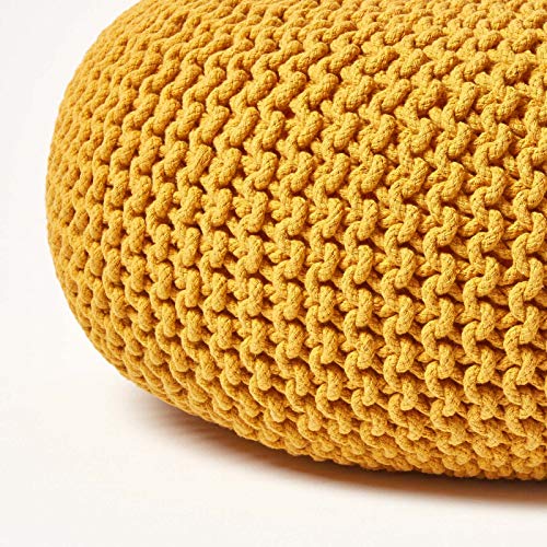 Pouf rond tressé coton 70x23 cm pieds bois Homescapes