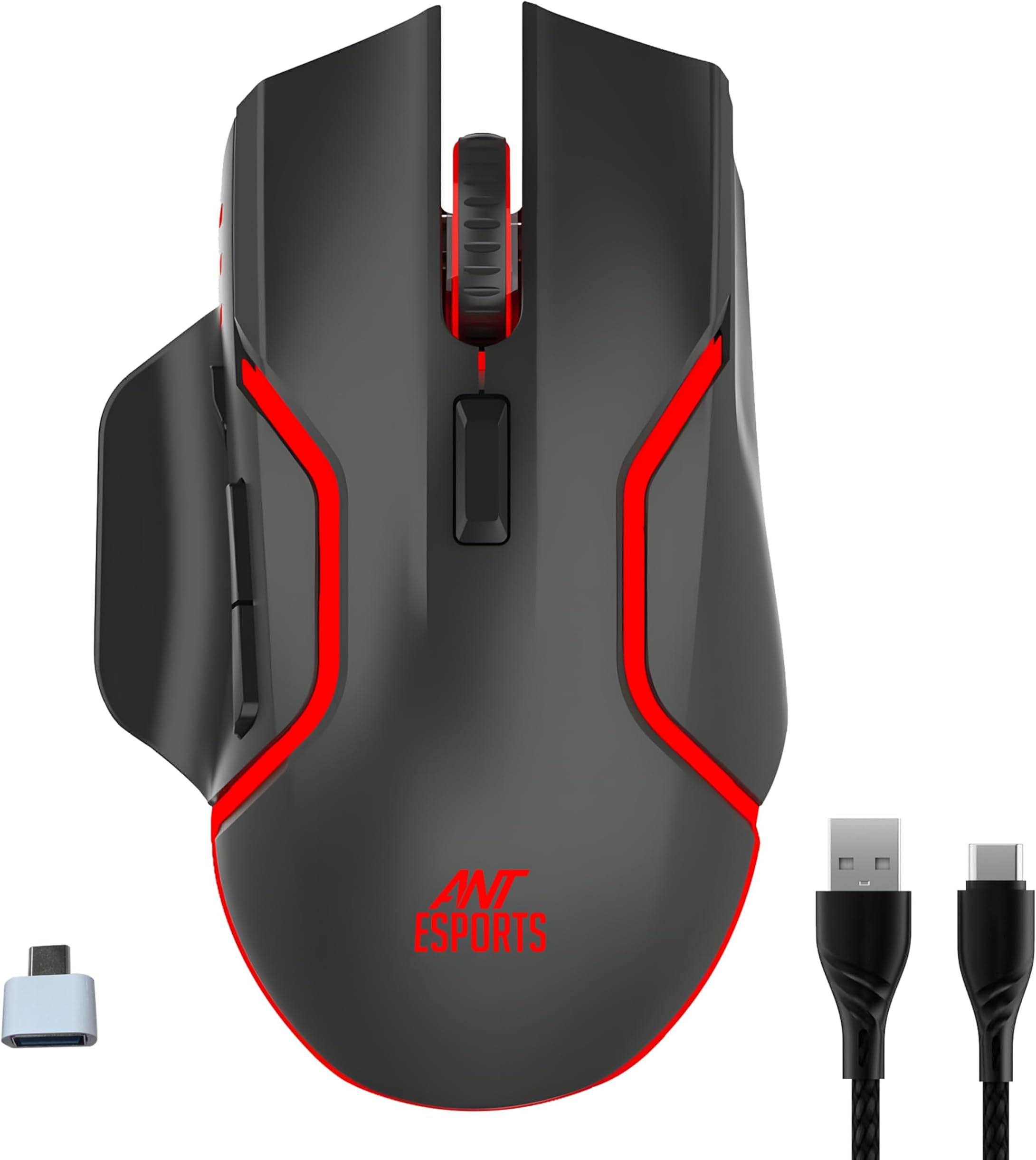 Ant Esports GM320 Pro Optical Wireless Gaming Mouse with RGB LED Backlit Lighting, 3200 DPI Optical Sensor, Type- C Charging Port - Black