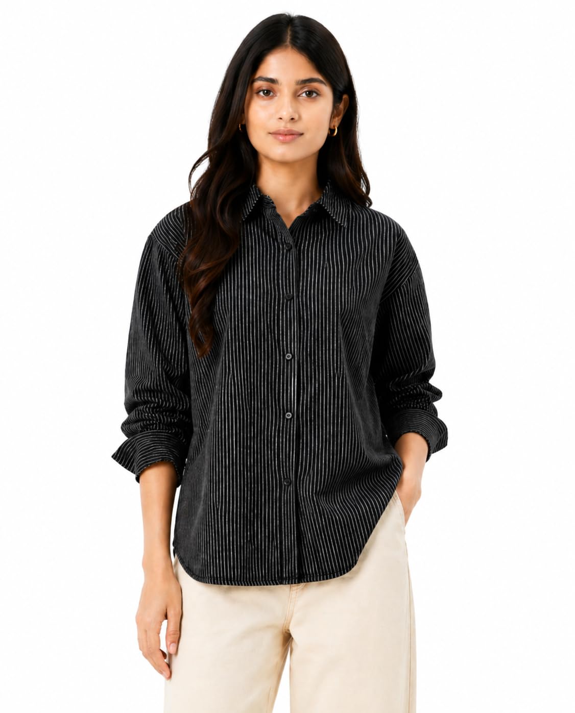 Women Striped Oversized Black Shirt with White Vertical Stripes-image-34