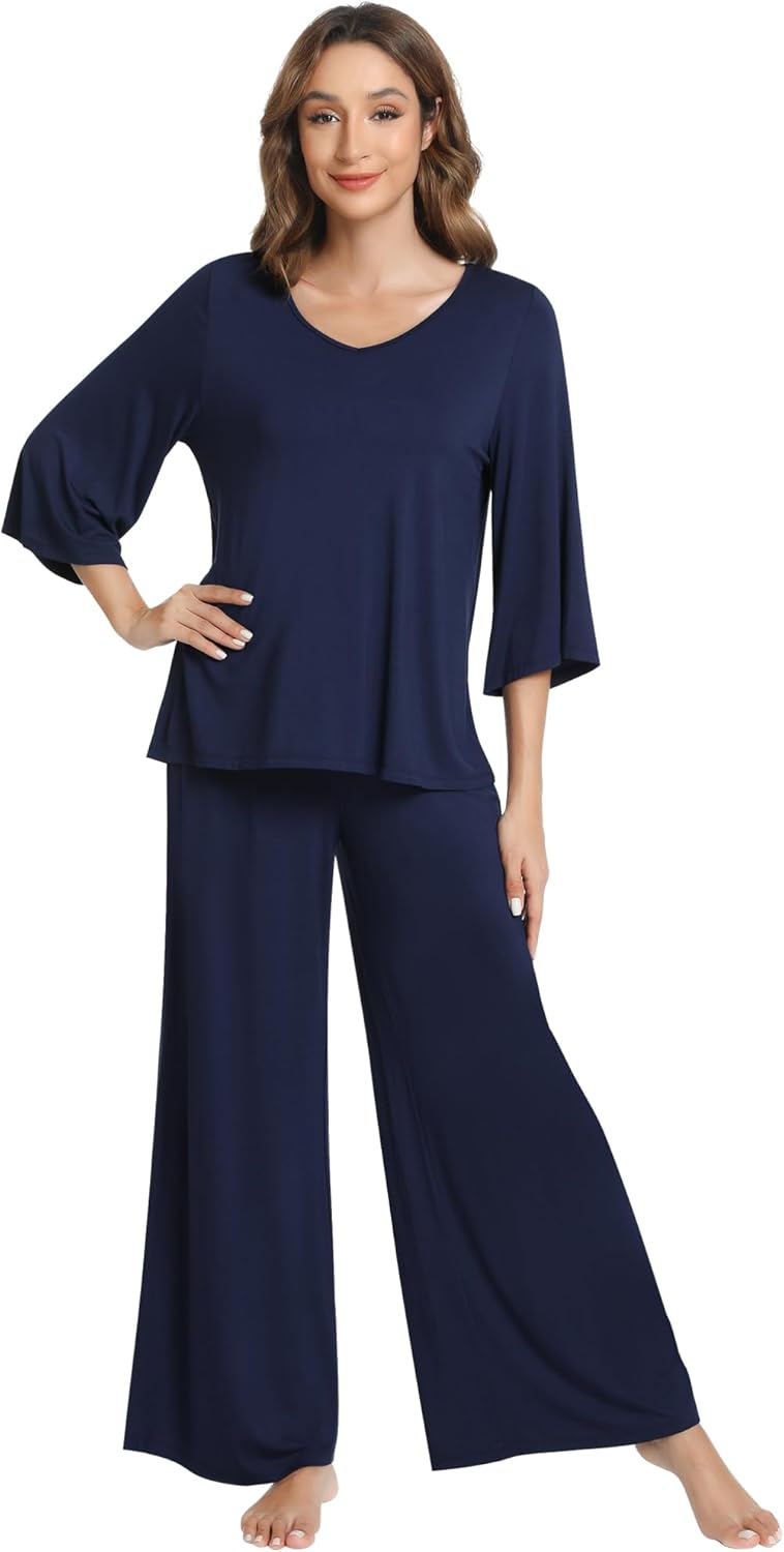 NACHILA Women's Pajamas Set 3/4 Sleeves Pjs V Neck Sleepwear Soft Loungewear with Wide Leg Pants, Viscose Made from Bamboo