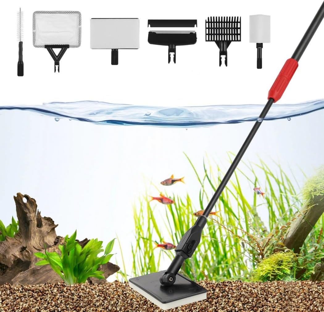 Algae Scraper, Fish Net, Sand Rake, Algal Brush, Sponge Brushes, Aquarium Cleaning Tools, 6-in-1 Telescopic Fish Tank Cleaner Kit with 34’’ Adjustable Handle