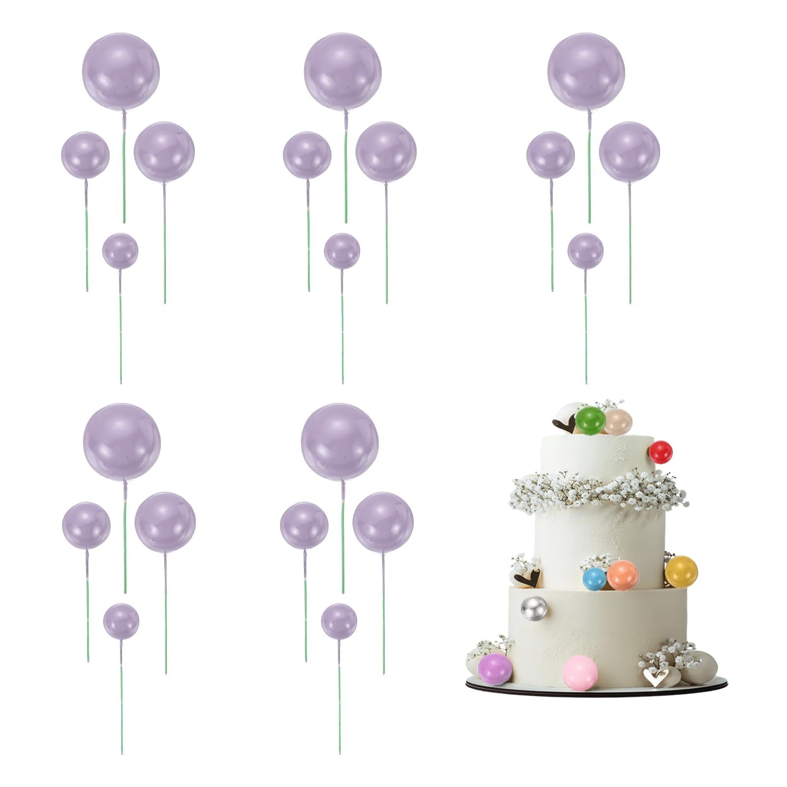 sourcing map 20Pcs Cake Toppers Foam Ball, Cupcake Insert Cake Toppers Cupcakes Decoration Balls for Theme Birthday Party Favors Wedding Halloween Christmas Supplies, Light Purple — image 1