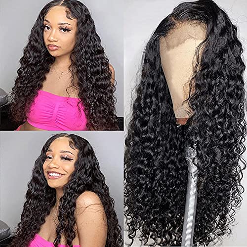 Curly Lace Front Wigs Human hair Pre Plucked Brazilian 4x4 Water Wave Lace Closure Lace Front Human Hair Wigs For Black Women with Baby hair 150% Density Natural Color wet and wavy 26 Inch Long Wig