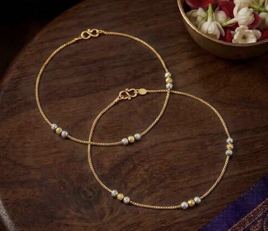 Image of Women's and Girl's Gold Plated Brass Simple Gold Colour Anklets 11 Inches, Pack of 2