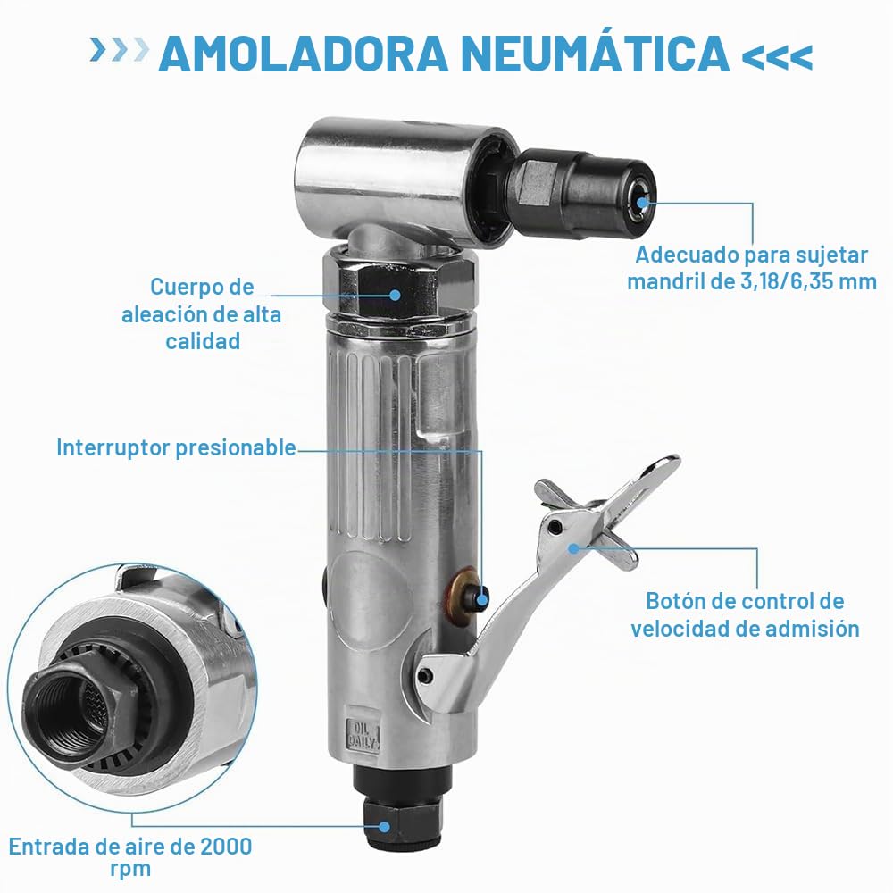 Amoladora Neumática,Amoladora de Ángulo de Aire Comprimido,Molinillo de Ángulo de Aire,40pcs 90 Grados, 22002 rpm con 1/4 NPT Piedras de Amolar y Discos de Lijado para Esmerilado, Pulido