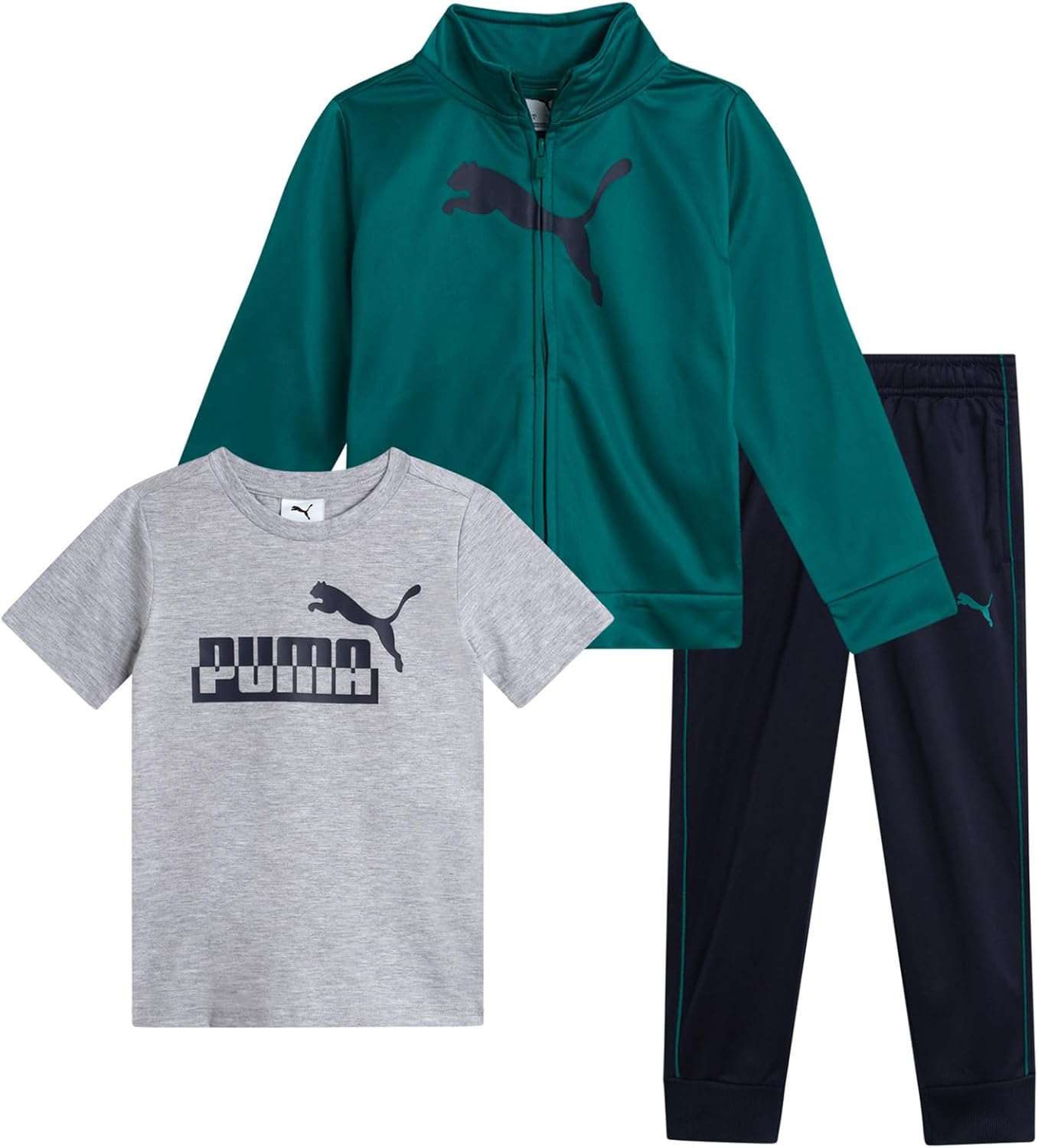 PUMA Toddler Boys Pants Set - 3 Piece Athletic T-Shirt, Zip Up Jacket, Jogger Pants - Boys Activewear Tricot Jogset (2T-7)