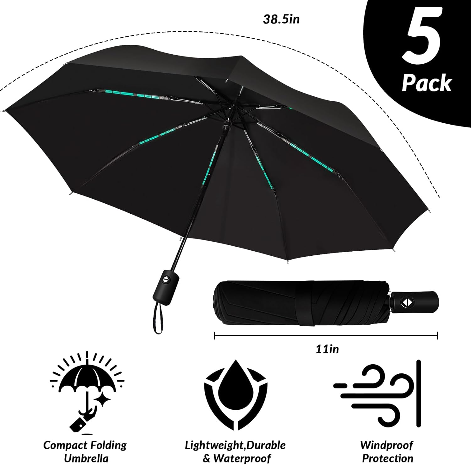OSIMIG 5 Pcs Travel Umbrella, Small Black Compact Umbrellas Bulk, Automatic Windproof Portable Umbrellas for Rain, Men and Women