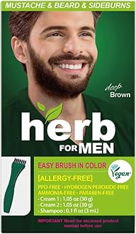 Herb For Men, PPD & Ammonia Free Mustache & Beard Dye, Vegan Natural Ingredients, Odorless, No More Skin Irritations from Coloring for Sensitive Skin – Deep Brown.