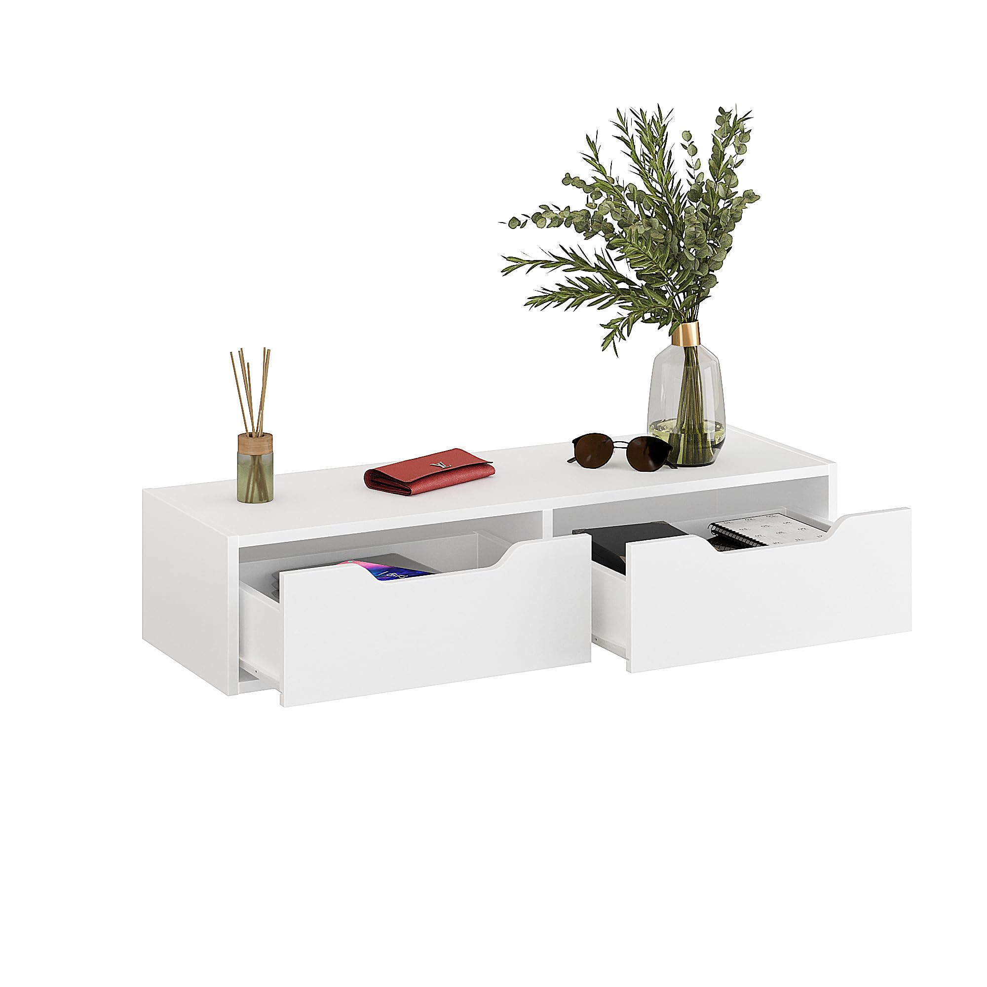 Komto Floating Wall Shelf with 2 Drawers – White Wall Shelf Unit, Wall Mounted Shelf for Bedroom, Living Room or Hallway, Bedside or Dressing Table with Drawers | NOKA 100 x 32.5 x 22 cm