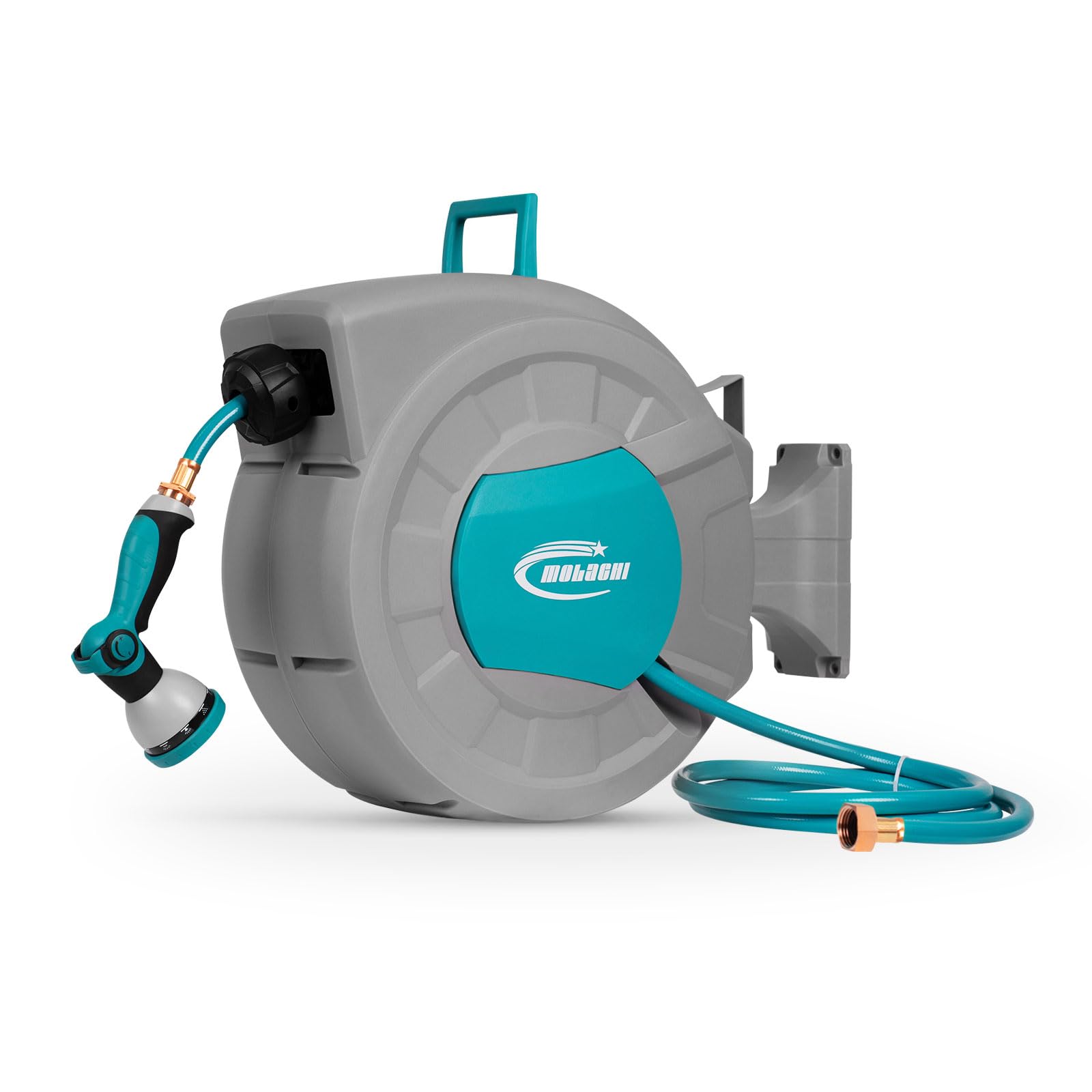 MOLACHI Retractable Garden Hose Reel, 1/2 Inch x 100 ft Wall Mounted Hose Reel, with 9- Function Sprayer Nozzle, Any Length Lock, Return System and 180 Deg Swivel Bracket