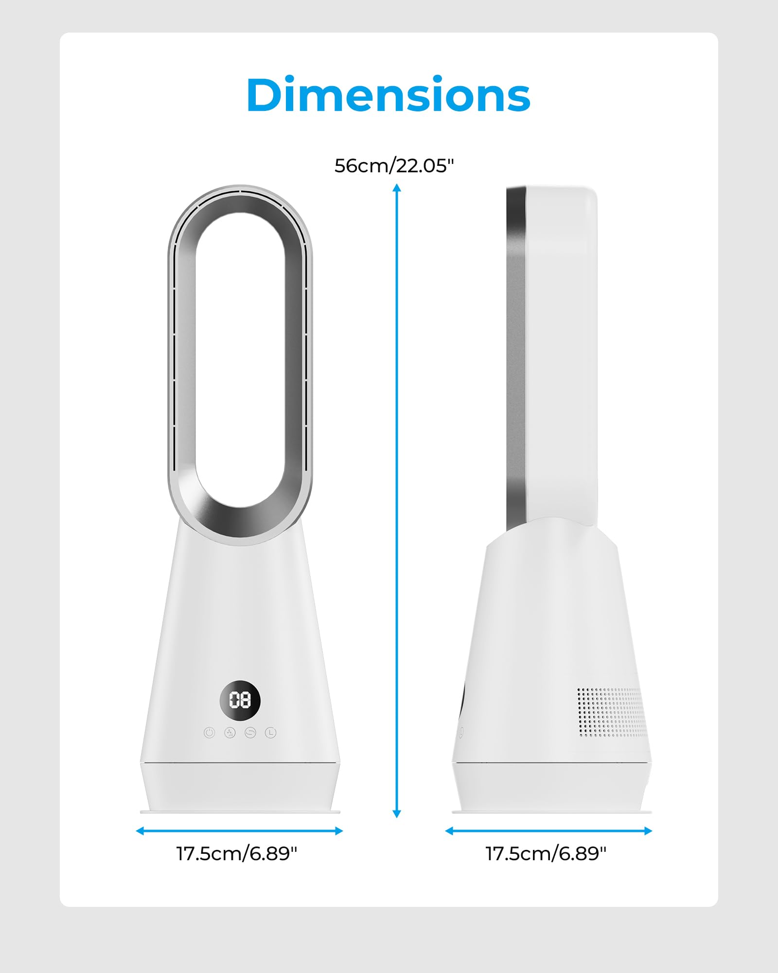 Ventilateur Colonne Silencieux Sans Pales,Ventilateurs Tour avec 8 Vitesses,2 Modes (Sommeil/Vent fort),Oscillation à 80°,Minuterie de 9h,Télécommande,Écran LED,32dB Faible Bruit,Facile à Nettoyer