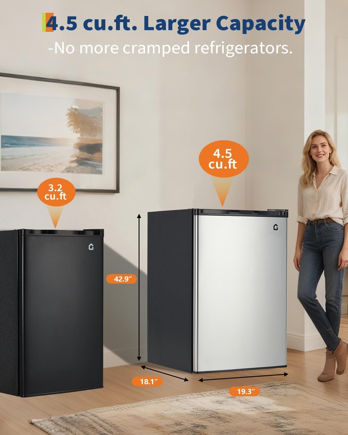 4.5 Cu.Ft Mini Fridge with Freezer, Silver Single Door Compact Refrigerator with 7-Level Thermostat & Reversible Door, Ultra Quiet Energy Efficient Small Fridge for Dorm, Office, Bedroom, Apartment