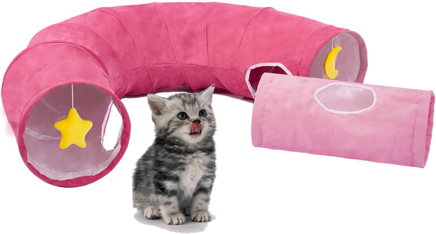 Cat Tunnel, Large Indoor Durable Collapsible Interactive Cat Tube with Peek-A-Boo Hole, Hanging Toys, and Crinkly Paper Lining - Cute Tunnel for Cats, Kittens, Puppies & Rabbits, Pink