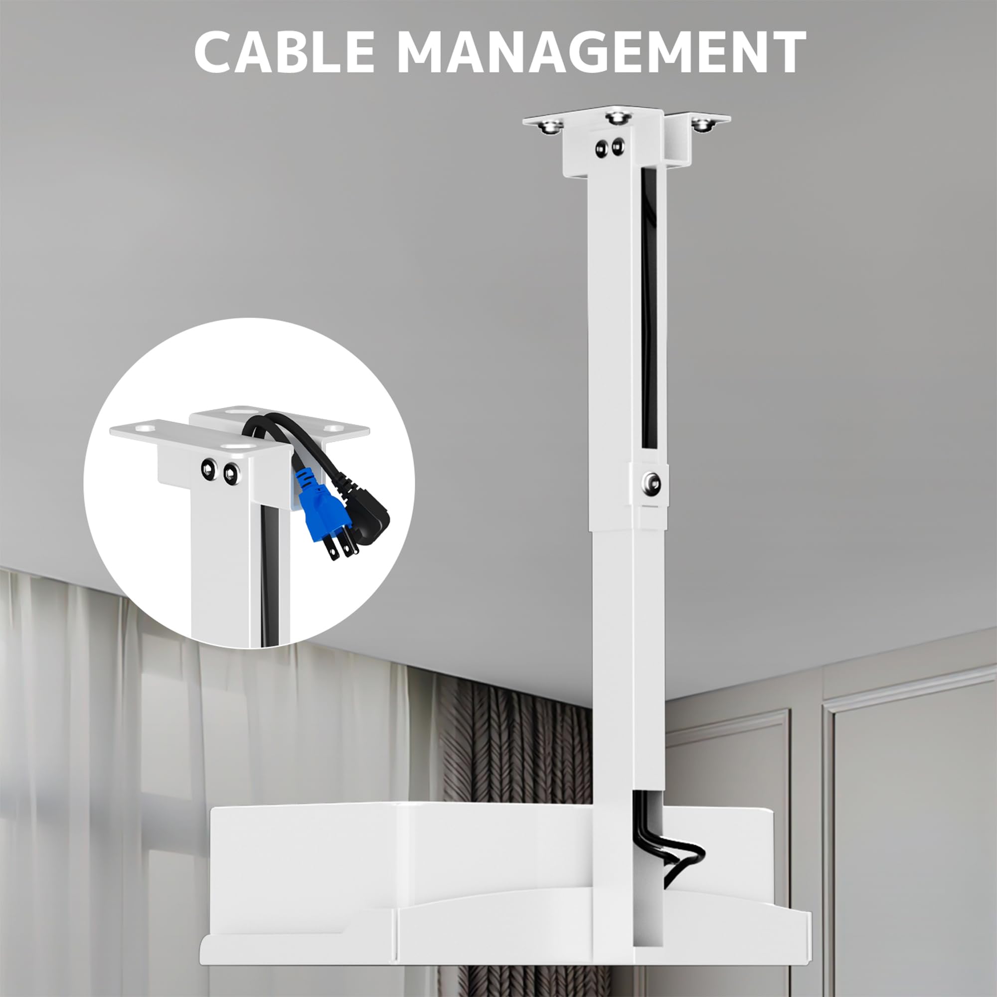 PUTORSEN Supporto Proiettore Soffitto e Parete - Staffa Proiettore Regolabile in Altezza,Installazione Senza Foratura,Gestione dei Cavi Nascosta,Supporto Fino a 10 kg,Bianco